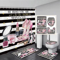 Pink High Heel Perfume Shower Curtain Set Fashion Lipstick Floral Black White Stripe Home Bathroom Decor Bath Mats Toilet Cover