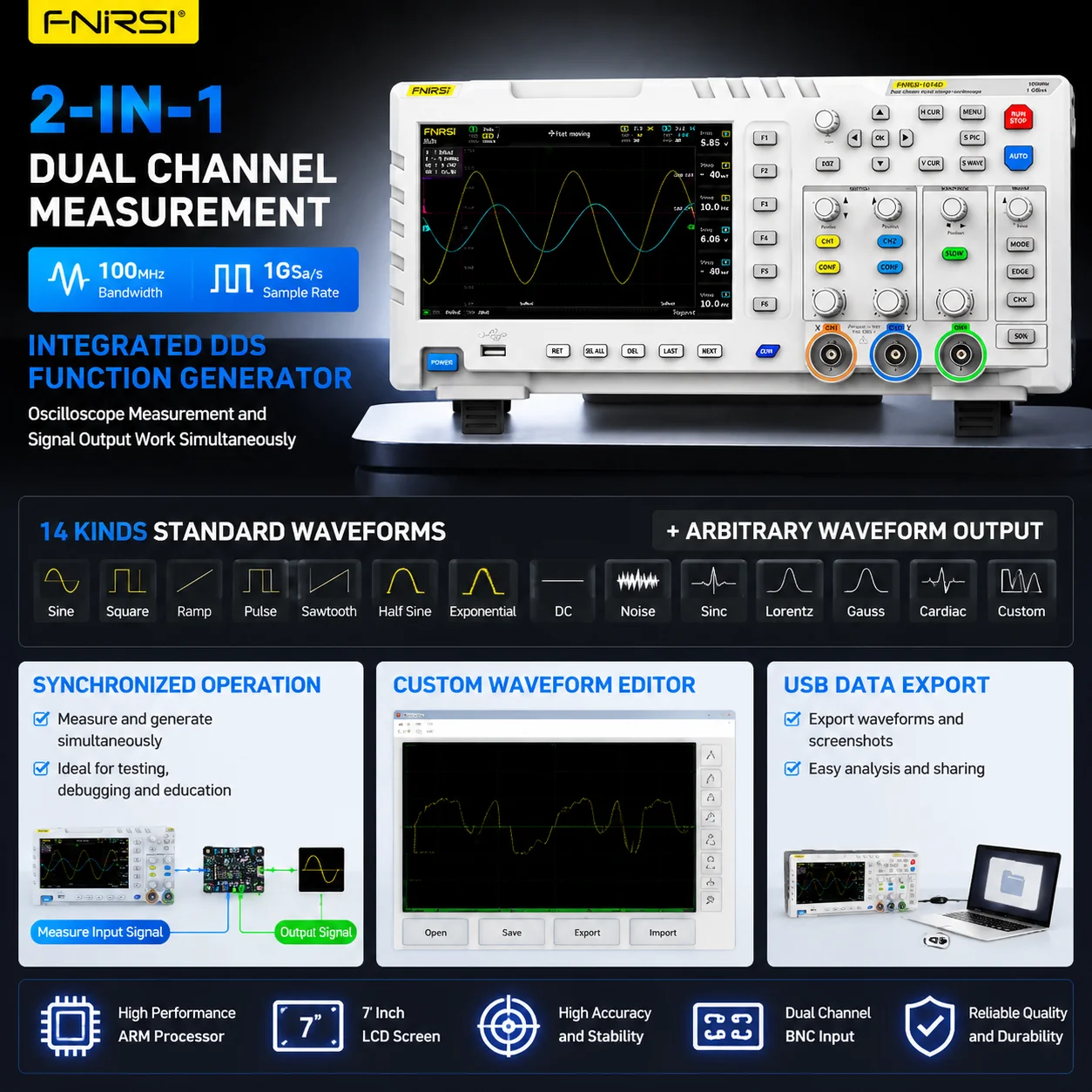 FNIRSI 1013D 1014D 2-in-1 Portable Digital Oscilloscope DDS Signal Generator Dual Channel 100MHz 1GSa/s 100X High Voltage Probe