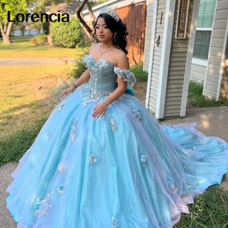 Customized Princess Blue Quinceanera Dress Ball Gown 3D Flower Applique Beaded Off Shoulder Sweet 16 Vestidos De 15 Años YQD716