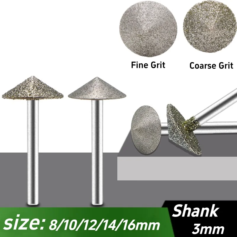 

1/5/10pcs 8-16mm 3mm Shank Conical Umbrella Shape Diamond Grinding drill bits Jade Carving Deburring Rotary Kits Tool