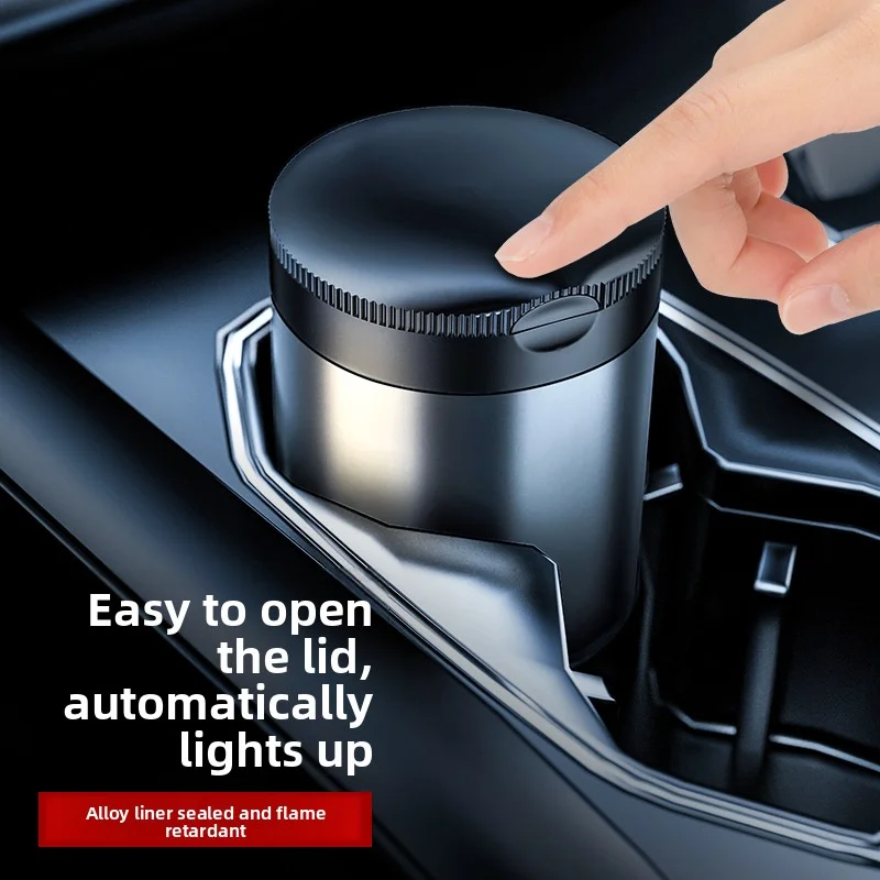 Portable Car Ashtray with Lid Smell Proof Alloy Inner Liner Led Portable Ashtray Cup for Auto Fireproof Shell One Touch Open