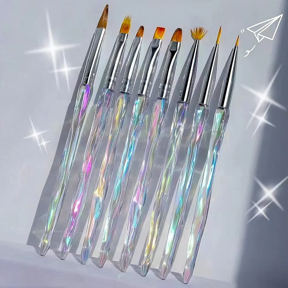 8pcs/set Aurora Acrylic Nail Art Painting Pens for Nail Design Soft Slender Brush Gradient Gel Drawing DIY Brush