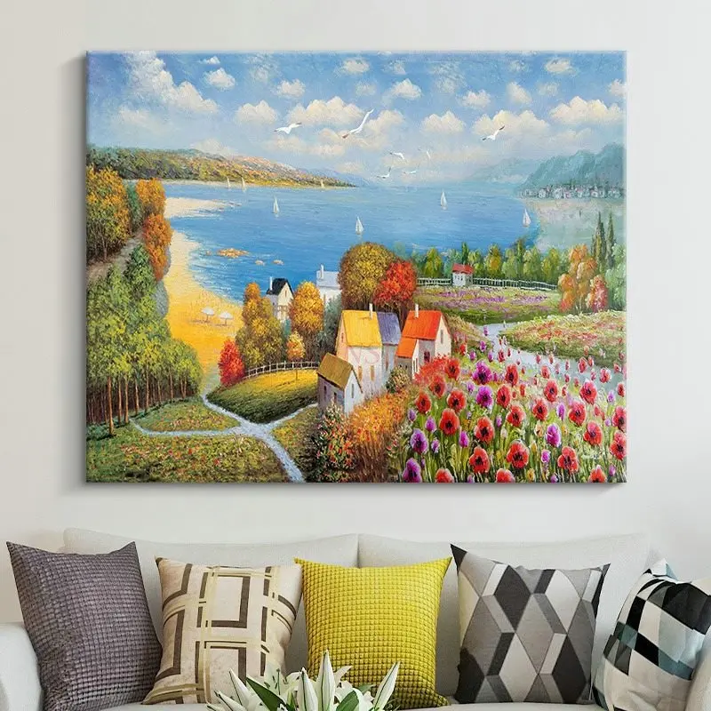 1set Digital oil painting dopamine DIY small-sized high-end oil painting hand drawn filling graffiti coloring seaside small town