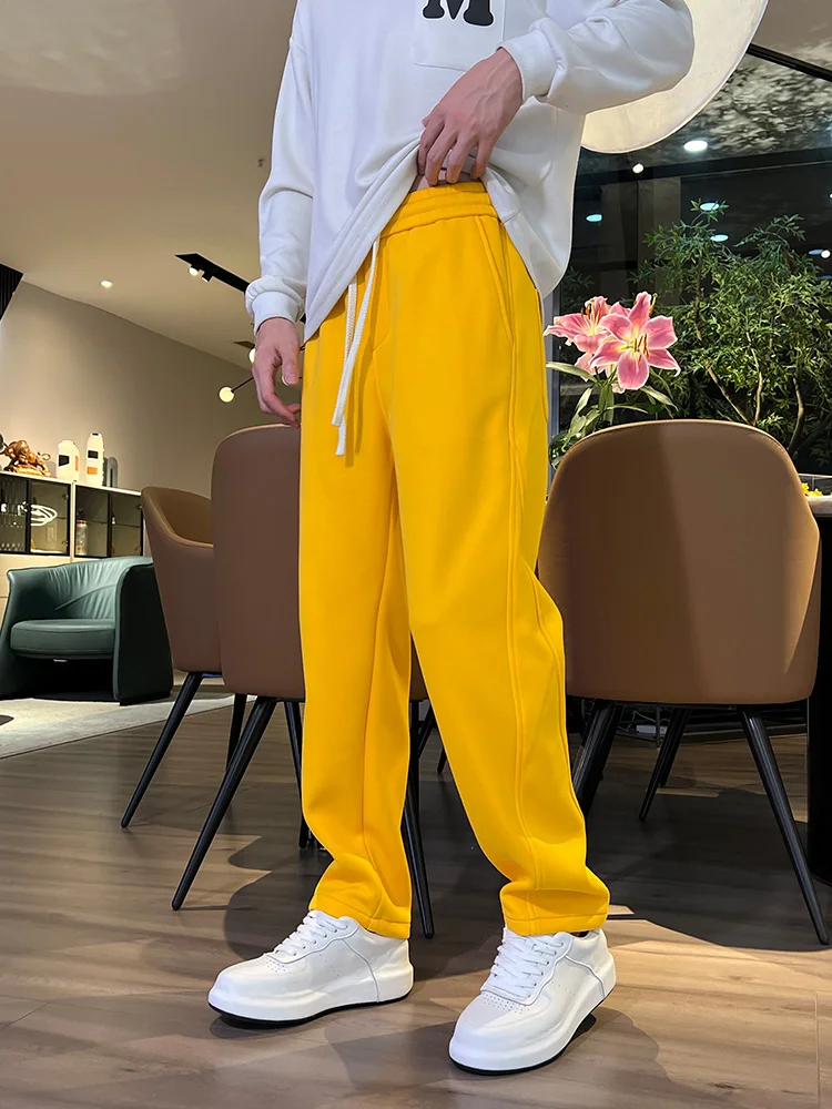 

Мужские удлиненные повседневные брюки прямого кроя с эластичным поясом на шнурке, спортивные штаны желтого цвета, высококачественные, эластичные, свободного кроя