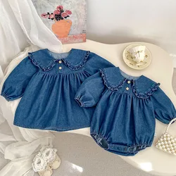 2025 New Spring Sister Clothes Kids Denim Dresses Long Sleeved Solid Color Denim 1-5 Yrs Girl Party Dress Baby Girl Romper