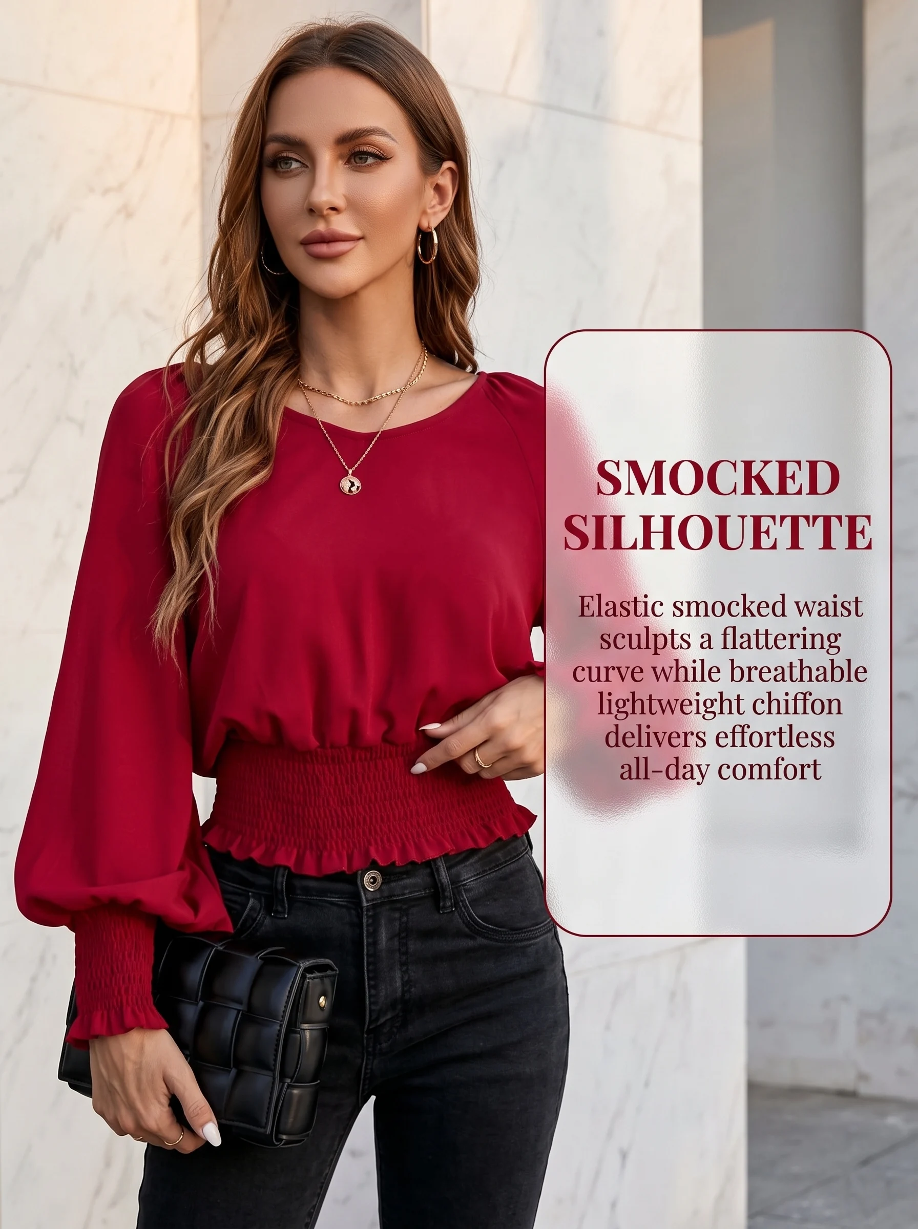 Damen Rote Bluse Lange Puffärmel O-Ausschnitt Geraffte Taille Rüschenmanschette Chiffon-Hemd Elegante Lässige Büro-Damen-Oberteile 2025 – Detail 5