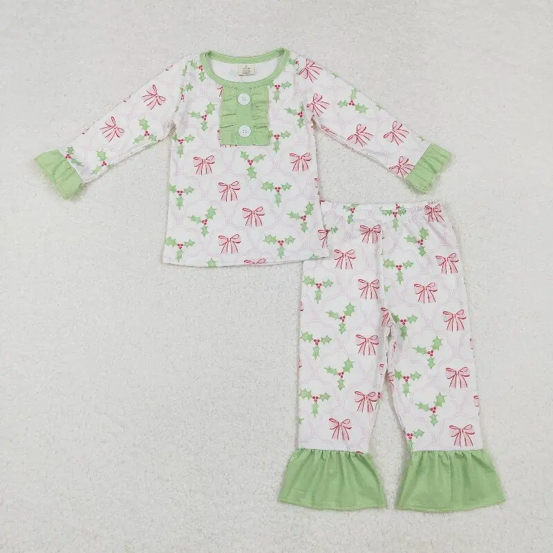 

10.21y Long-sleeved trousers bamboo pajamas set Christmas baby girls clothing wholesale boutique pink bow pattern