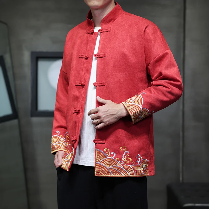 

Retro Artistic Autumn Winter Men's Jaet Embroidered Deer Skin Velvet Tang Costume Hanfu Large Size Outerwear New Chinese Sle