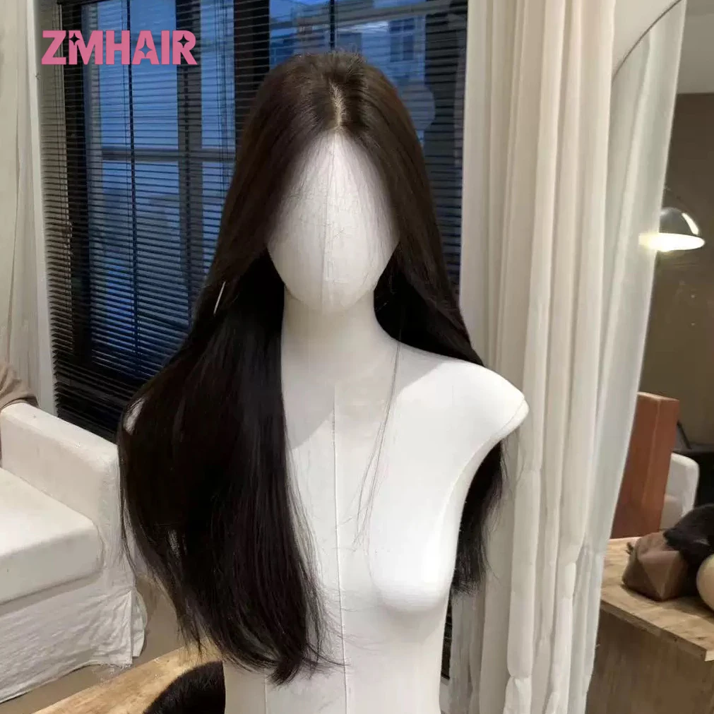 Perruque en soie noire naturelle, cheveux vierges européens bruns, 100% cheveux humains avec dessus en soie et bordure en PU, prête à porter pour femmes, 20-24 pouces