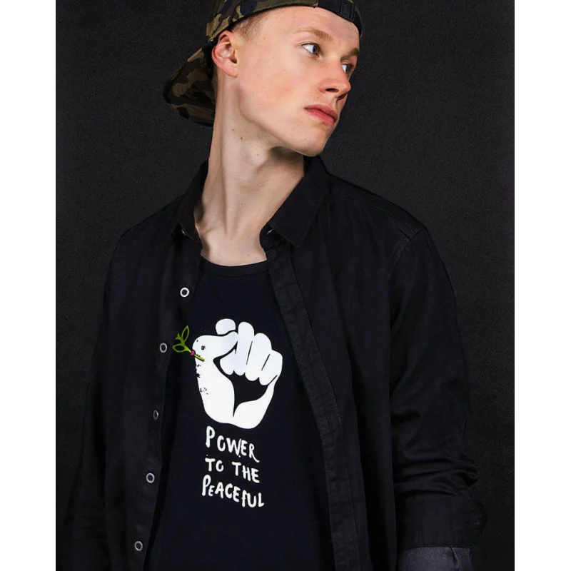 

Power To The Peaceful T shirt 100% cotton print Gift Tee All size Tops Peace Sign Anti-War Politics Geek Quote Graphic Clothes