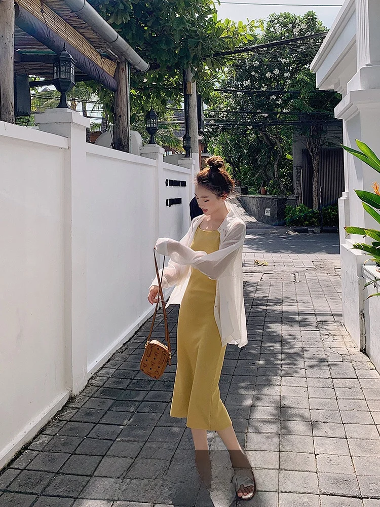

Summer Women's Loose Long Sve Sun Protection Silk irt White Outerwear Commute Sle Regular Fit Straight Tube Top