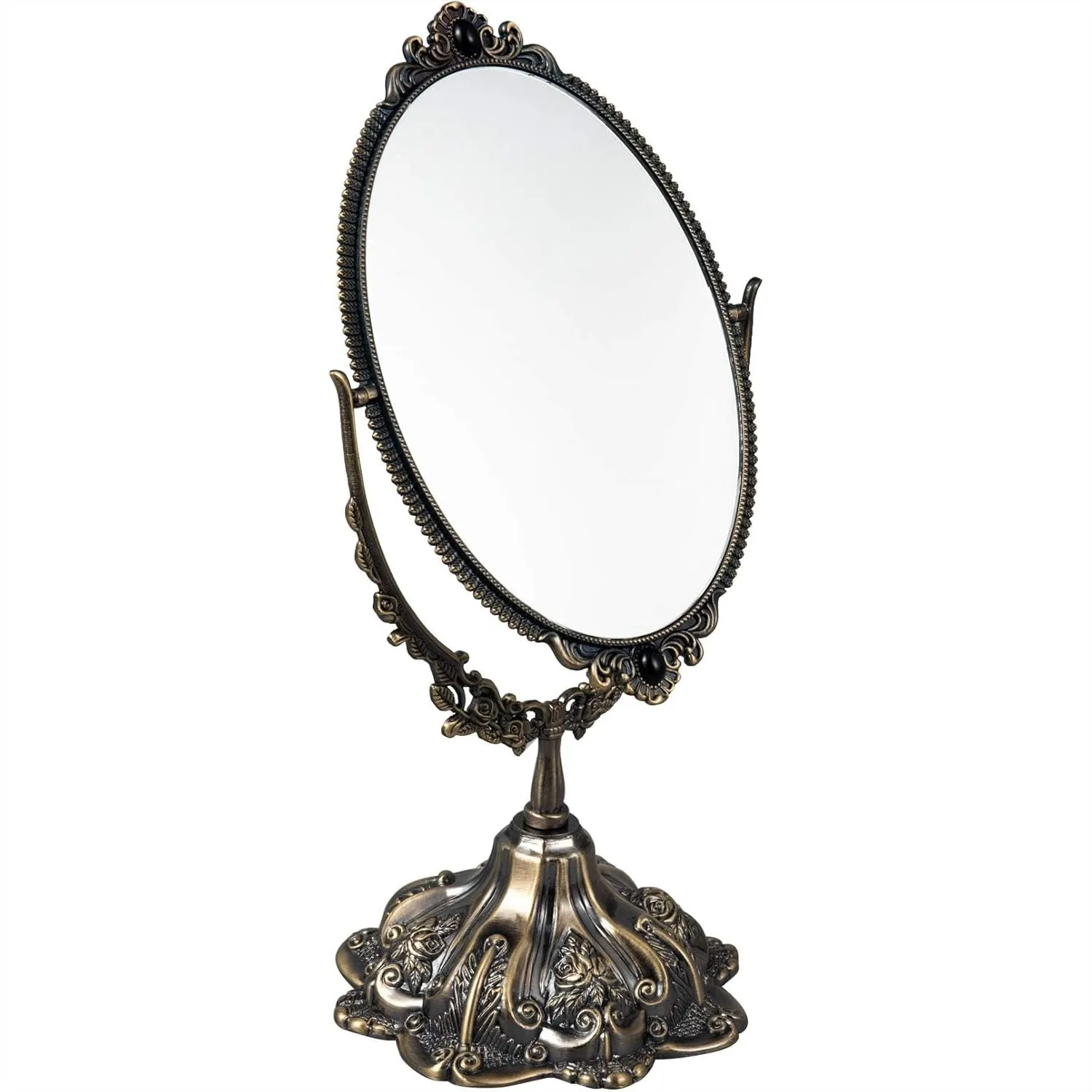 

Vintage Oval Vanity Mirror with Stand - Double Sided Swivel Tabletop Makeup Mirror, Elegant Floral Bronze Decorative for Bedroom
