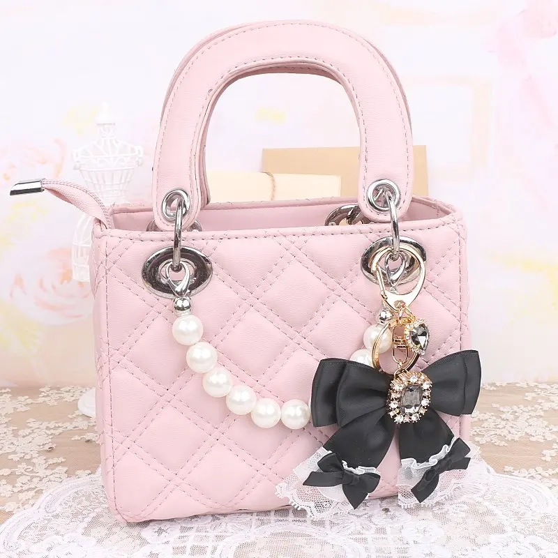 Pearls Keychain Handmade Bag Charm Black Lace Rhinestone Beaded Ornament For Lolita Gothic Kawaii Bag Decor