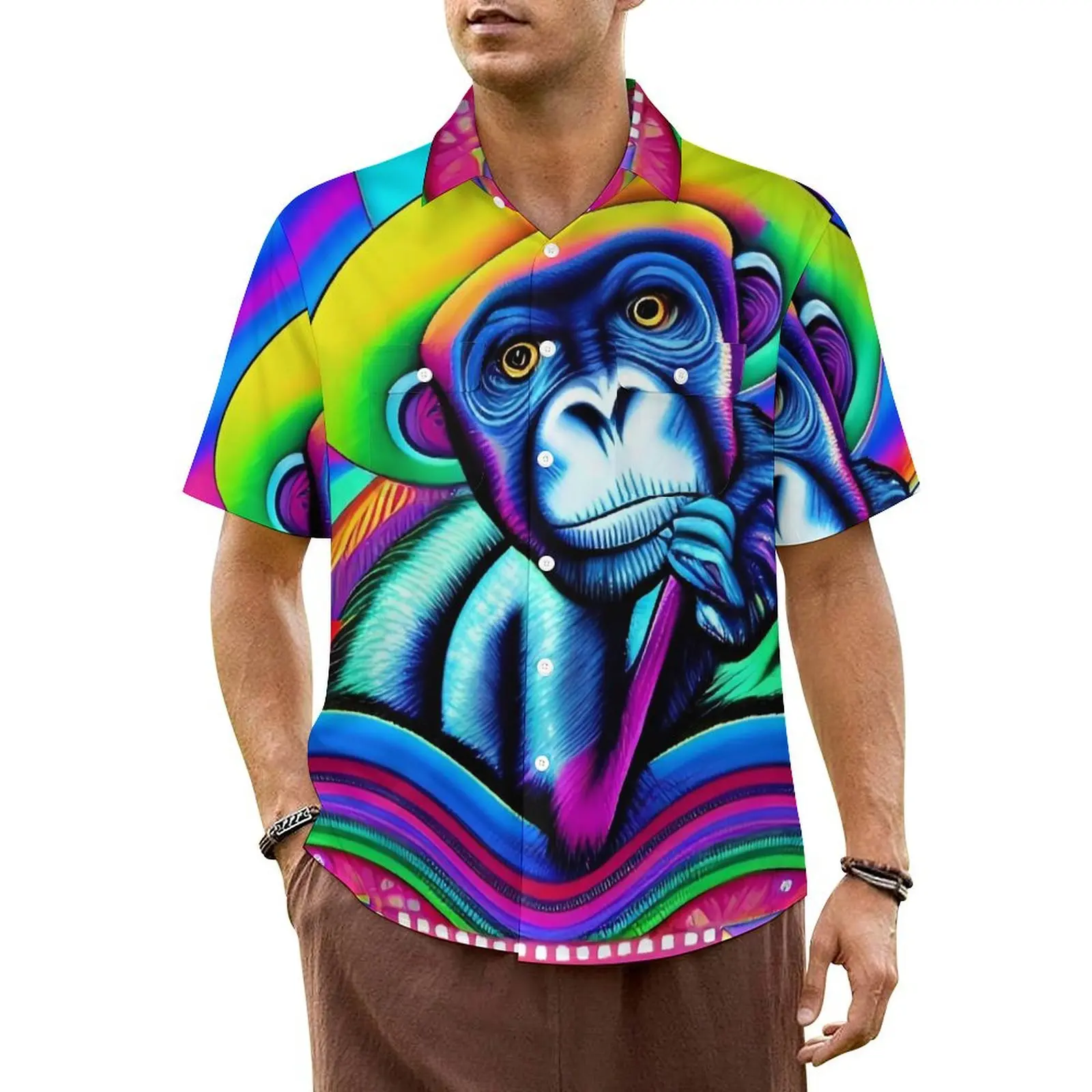 

Funny Monkey Hawaiian Shirt For Male Vacation Cute Animal Print Casual Shirts Short-Sleeved Y2K Street Trendy Oversize Blouses