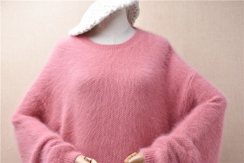 Women Mujer Autumn Winter Clothing Hairy Pink Angora Rabbit Hair Knitted O-Neck Long Batwing Sleeves Loose Pullover Sweater Pull