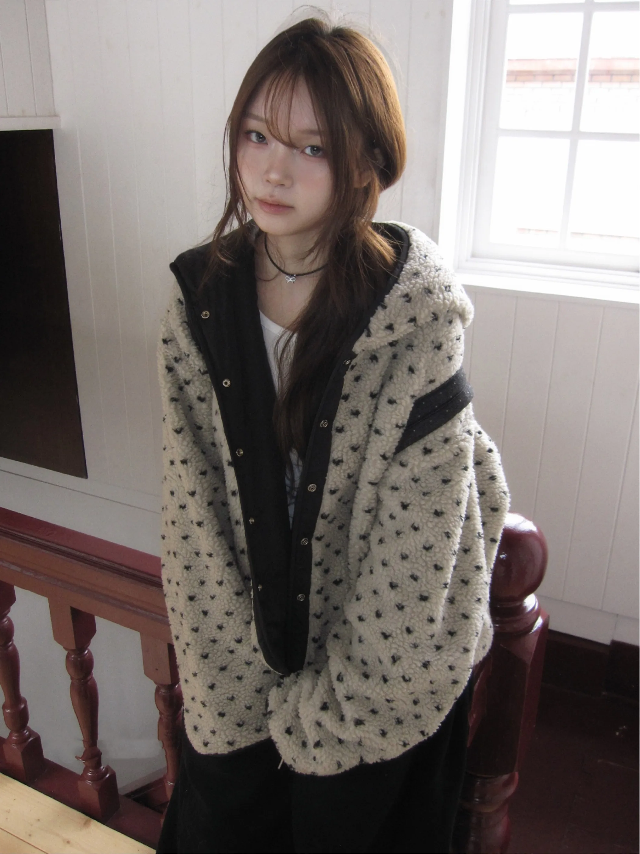 

Warm Oversize Lamb Velvet Hooded Jacket Heart Dot Pattern Cotton Coat Female Commuter Style Double Sided Wear Long Sleeve But...