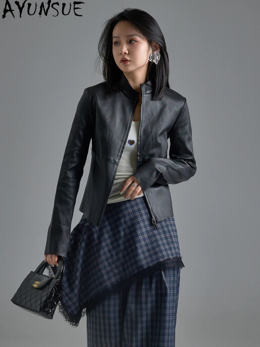AYUNSUE Top Genuine Leather Jacket Women 2025 Real Sheepskin Womens Coat Stand Collar Autumn Clothes Slim Fit Jaqueta Feminina