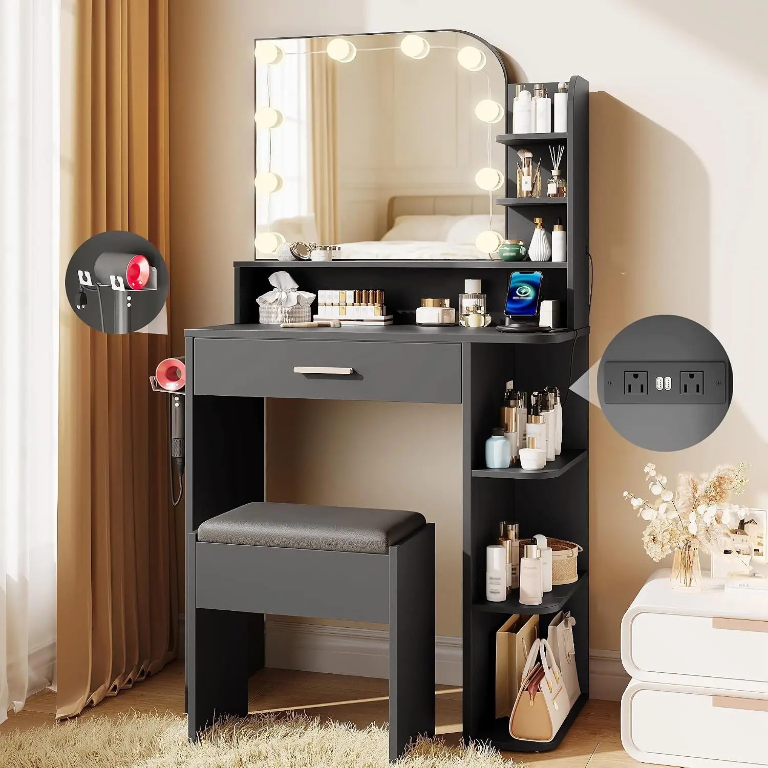 Black Vanity Set Chair Mirror Lights Girls 14.2×26.5×54.4