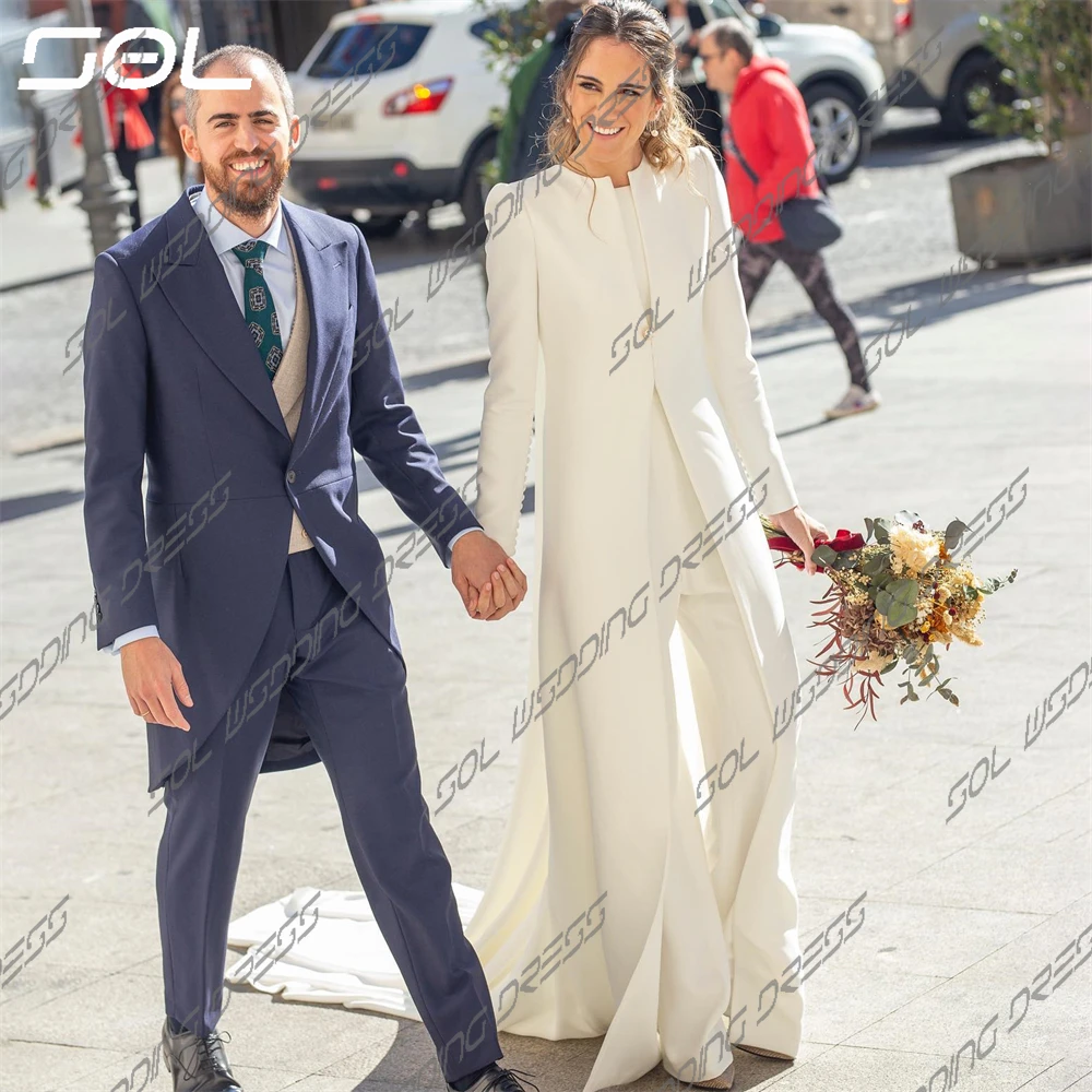 Vestido De Novia De sirena con espalda descubierta, mono De manga larga con cuello redondo Simple, tren desmontable, SOL