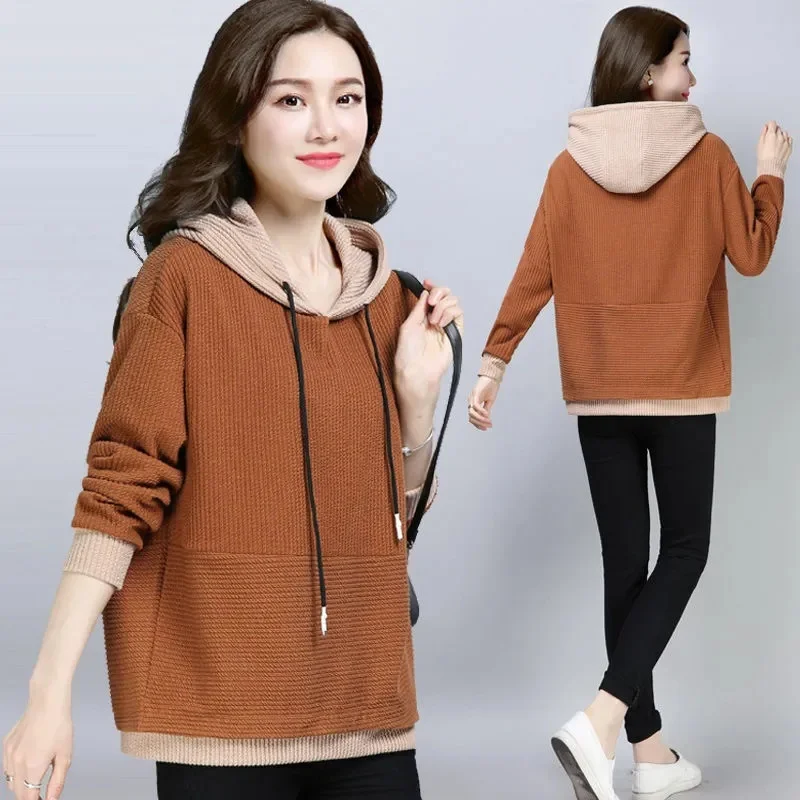 

Hooded Sportshirt Women's New Sweater Large Size Coat Spring Autumn 2024 Korean Loose Contrast Stitching Jacket Female Tops Tide