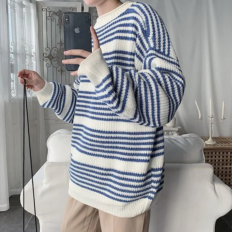 

Fashion Pullover Blue and White Stripe Knitted Sweater Men Knitwear Pullover Autumn Winter Round Neck Casual Trend Clothing A236