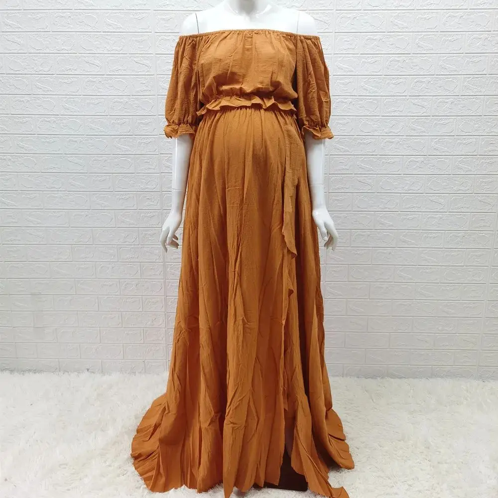 Boho Rust Cotton Maternity Photoshoot Long Dress Bohemian Cotton 2 in 1 Pregnancy Photography Dress