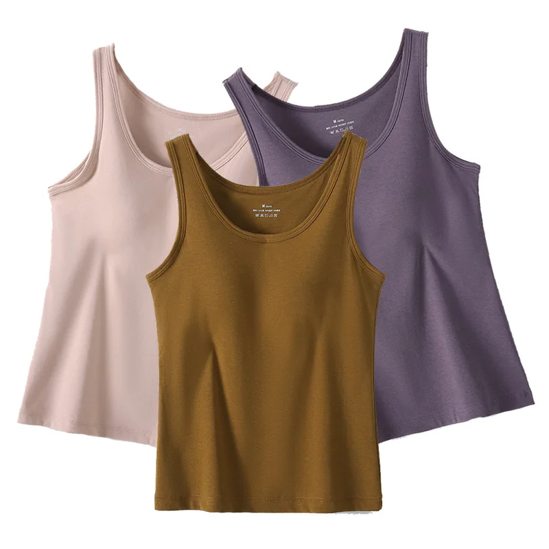 Womens Cotton Camis With Cups Solid color Female Slim Sleeveless Casual Vest Solid Color Crop Lower Cut Top For Ladies