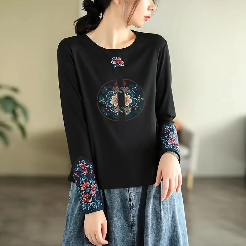 

Женская футболка с длинным рукавом с этнической вышивкой, 100% хлопок, облегающий топ с круглым вырезом, осенняя модная повседневная рубашка для уличной базовой одежды