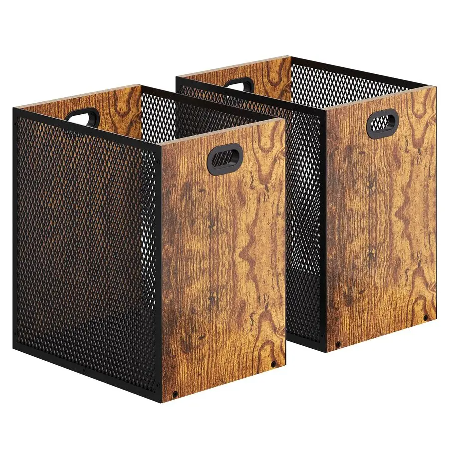 

Office Trash Can, Iron and Wood Combination Bedroom Garbage Can, Rectangular Design Wastebasket with Handle, Industrial Style Tr