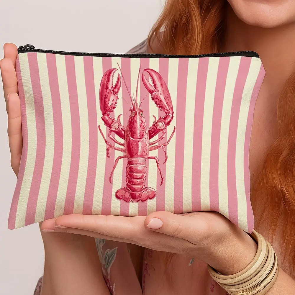 Minimalist Lobster Print Cosmetic Bag Pink White Zippered Toiletry Pouch Suitable for Storing Cosmetics Travel Essentials
