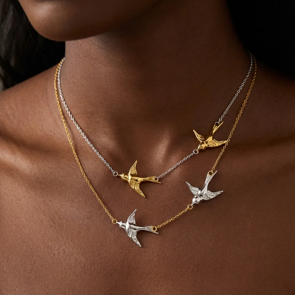 European and American style stainless steel double flying swallow pendant gold and silver spliced necklace women's simple fashio