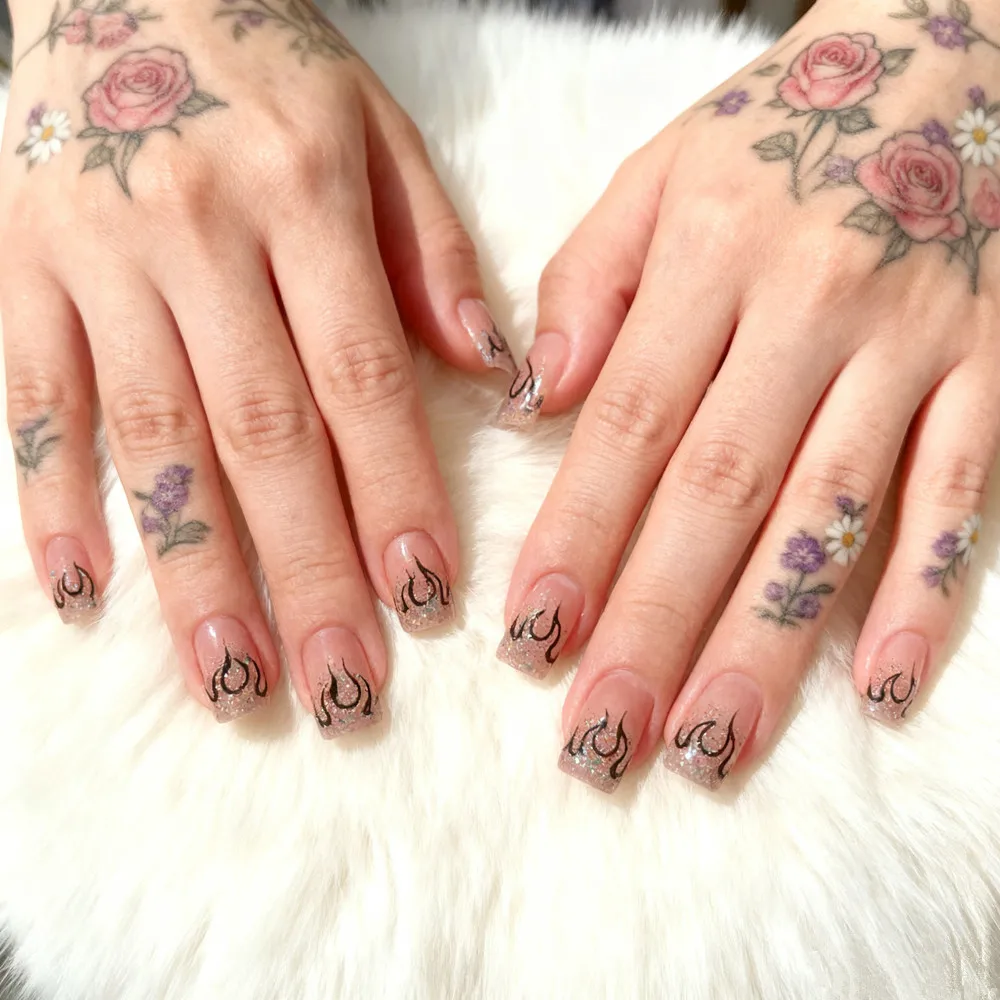 Glitter Acrylic Press On Nails With Glue Short Square Fake Nails For Woman Fire Patterns DIY Finger Tips Manicure Tool