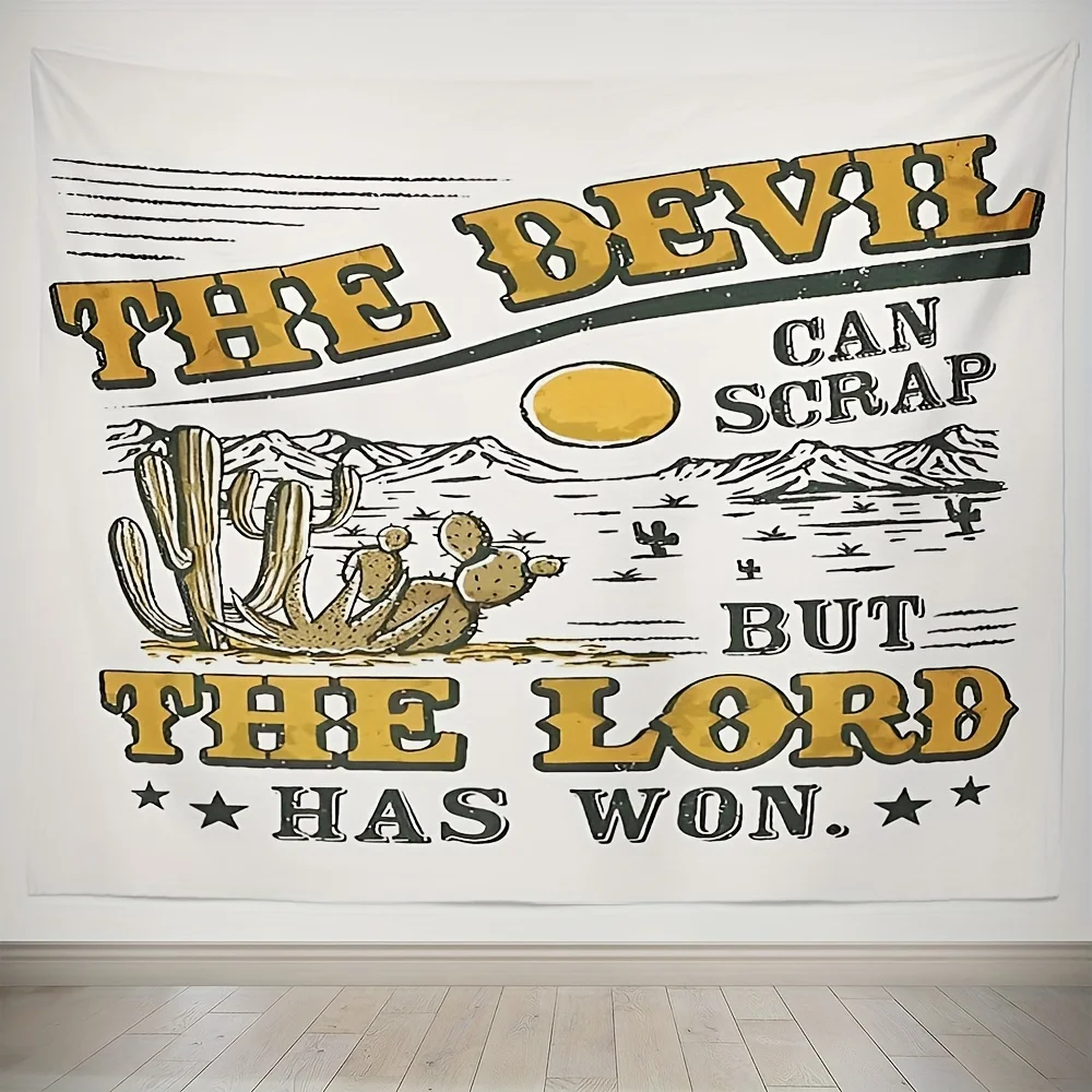 VIKAMA Western Desert Religiöser Statement-Wandteppich THE DEVIL CAN SCRAPE BUT THE LORD HAS WON Amerikanische Vintage-Wohnzimmerdekoration