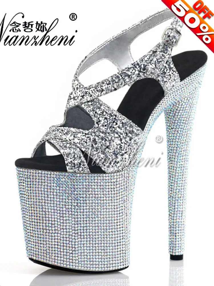 Exotic Rhinestone 8 Inch High-Heeled Shoes For Stripper Sexy 20cm Women Sandal Roman Model Platform Pole Dance Dress Open Toe