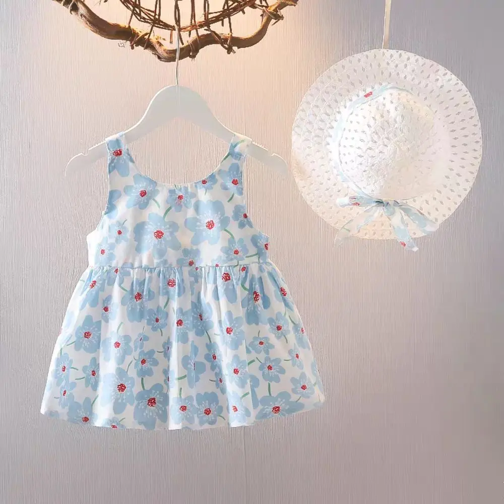 أزياء Bowknot طفلة فستان الأميرة القطن الصيف فستان زهري مع قبعة فضفاضة بلا أكمام الاطفال زهرة فستان عطلة الشاطئ