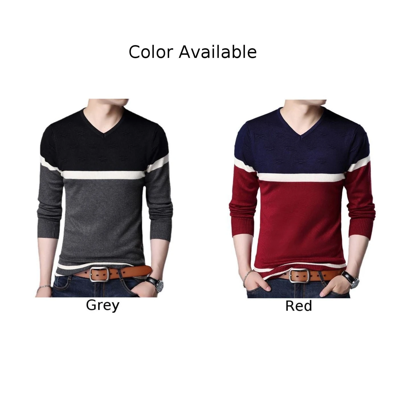 Warm V Neck Pullover  Knitted Jumper for Men  Striped Sweater  Slim Fit Knit Top  Red Gray  Suitable for Holiday Daily