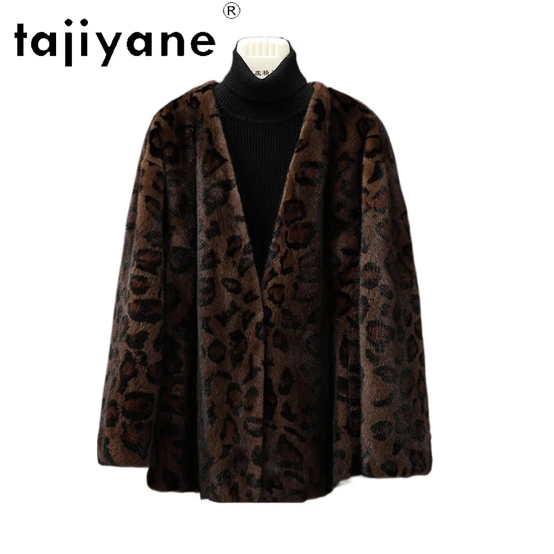 TAJIYANE Whole Mink Fur Coat Women Leopard Print Real Fur Jacket Short V-neck Winter Coat for Women Clothing 2026 Tops Chic Шуба