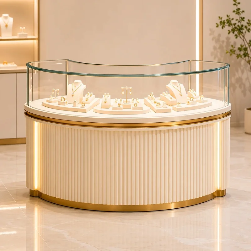 custom.Luxury Wall Mounted Jewelry Display Cabinet Glass Showcase with LED Lighting Milk White Retail Boutique Shop Wall Unit