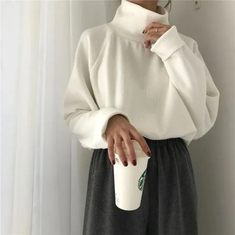 

Korean turtleneck knitted sweater for women loose solid color soft warm pullover basic autumn and winter sweater thin street top