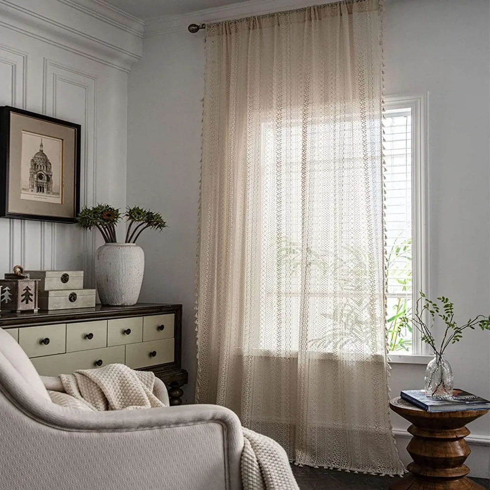 Elegant Translucent Crochet Curtain Beige Tassels Cotton Curtain Multi Size Hollow Hollow Curtain Home Decoration