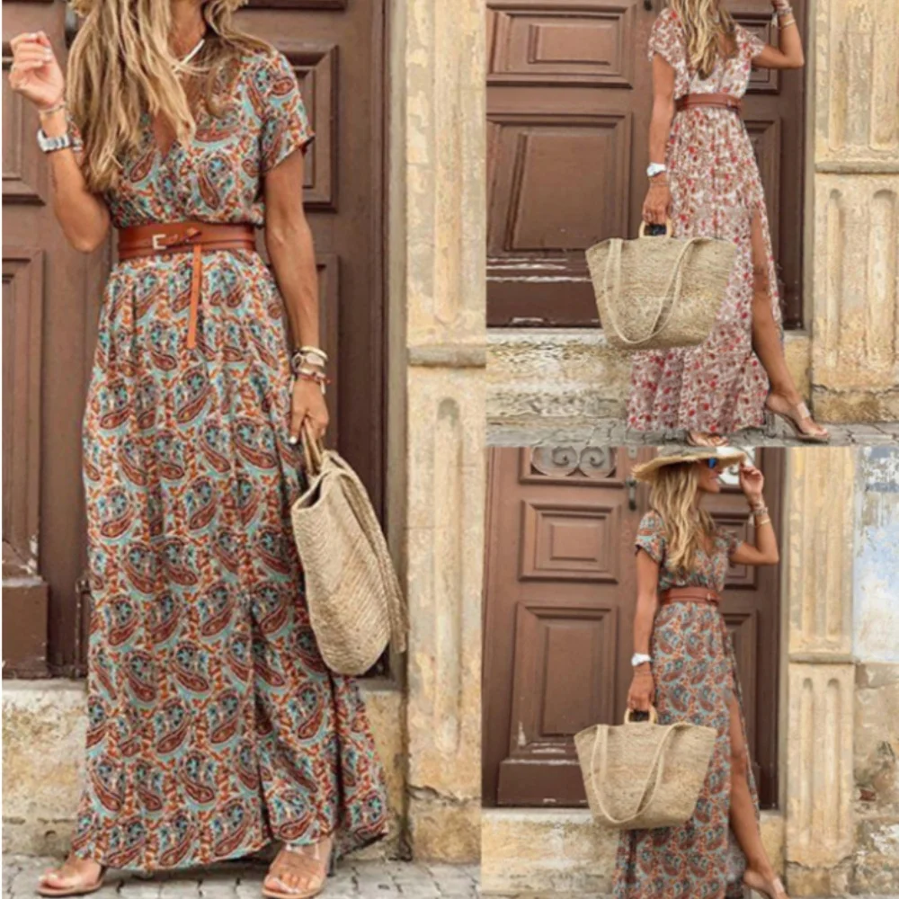 Women Sexy Casual Elegant Holiday Dress Summer Trend V-Neck High Slit Irregular Midi Dress Retro Vintage Print Slim With Belt