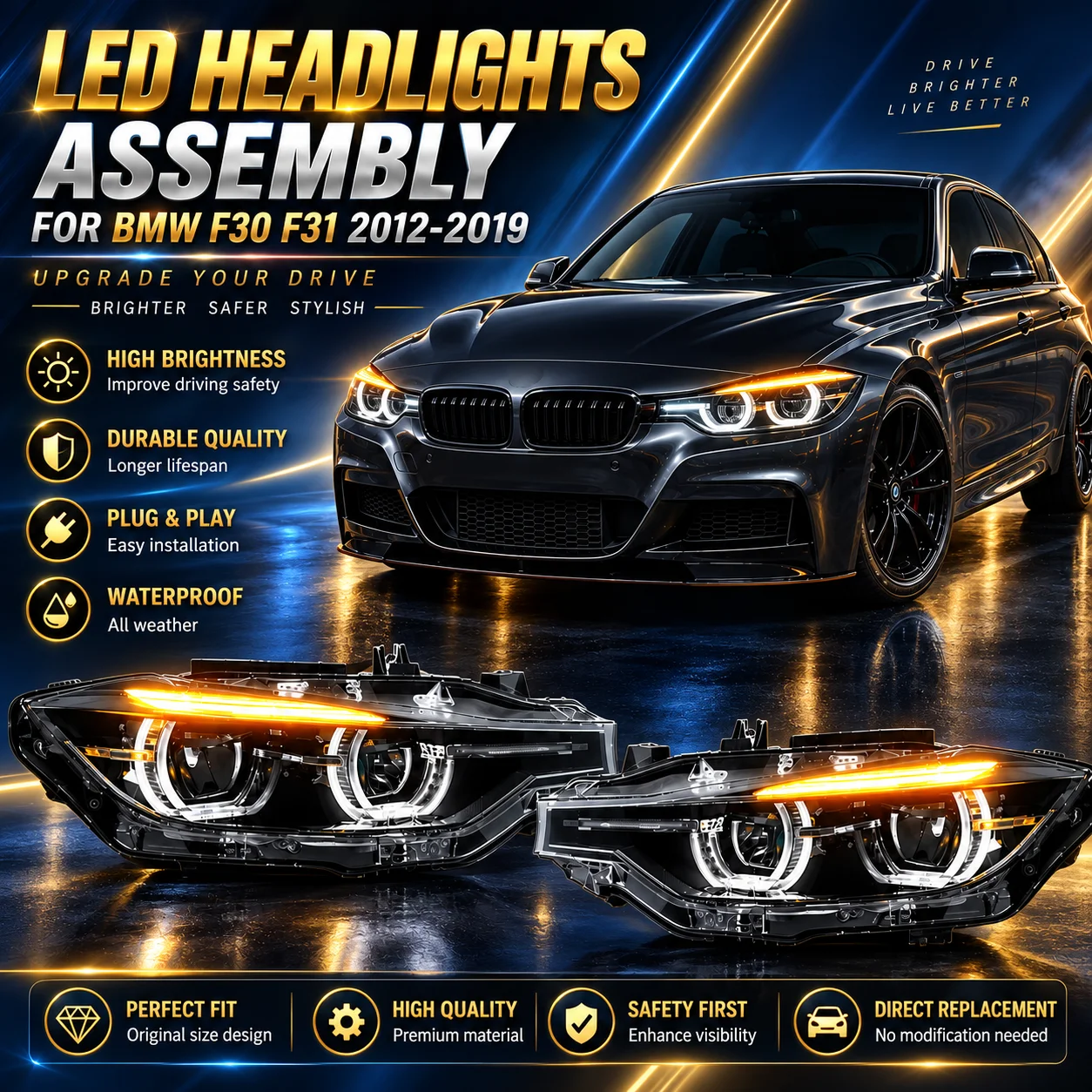 LED Headlight Assembly for BMW 3 Series F30 F31 2012-2019 DRL Angel Eye Front Head Lamps for 318i 320i 325i Automotive Lighting Accessories