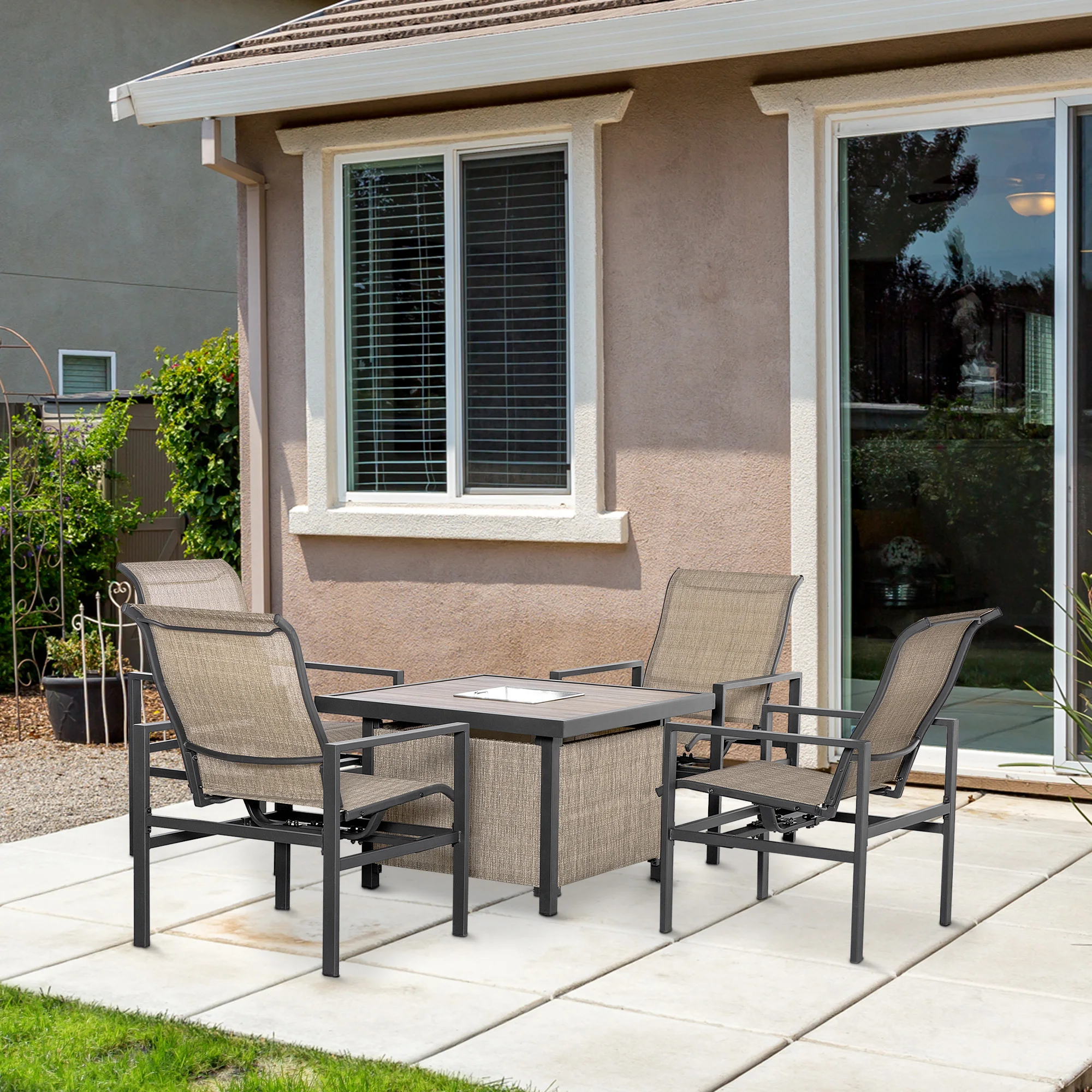 5 Piece Garden Patio Dining Set, Steel, Outdoor Conversation Set, Dinner Table with Built-In Ice Bucket Insert, 4 Rocking Chairs, Beige