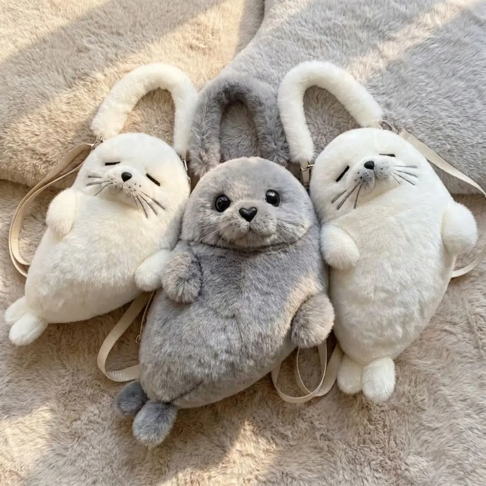 Soft Fluffy Cute Seal Shoulder Bag Lightweight Cartoon Crossbody Bag Adjustable Straps Plush Fabric Handbag Women's Accessories