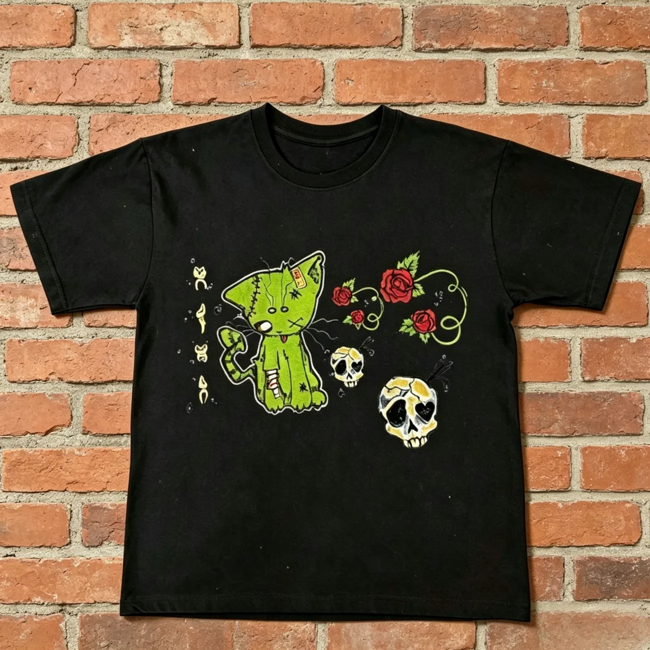 2026 Neues Sommer Y2K Dark Subculture Style Zombie-Katzen-Print T-Shirt mit Totenkopf- und Rosenmuster, Gothic Street Fashion Oberteil – Detail 3