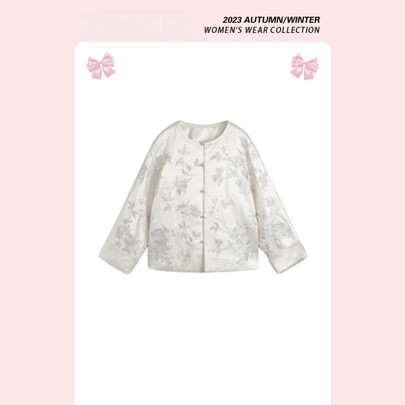 

New Chinese Style Song Jin Cotton Jacket Women's round Neck Embroidery Heavy Work National Trend Top Winter Long Sleeve