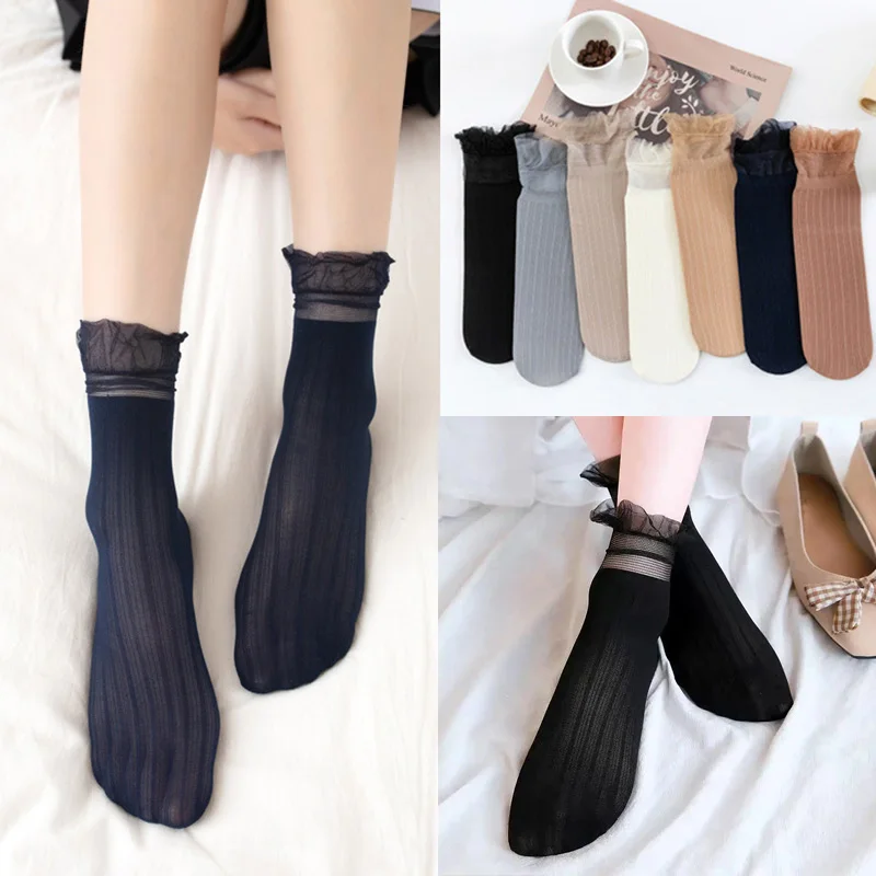 

1 Pair Women's Summer Ruffled Nylon Socks Transparent Stripes Lace Short - Breathable Ultra-Thin Elastic Non-Slip Sexy Stockings