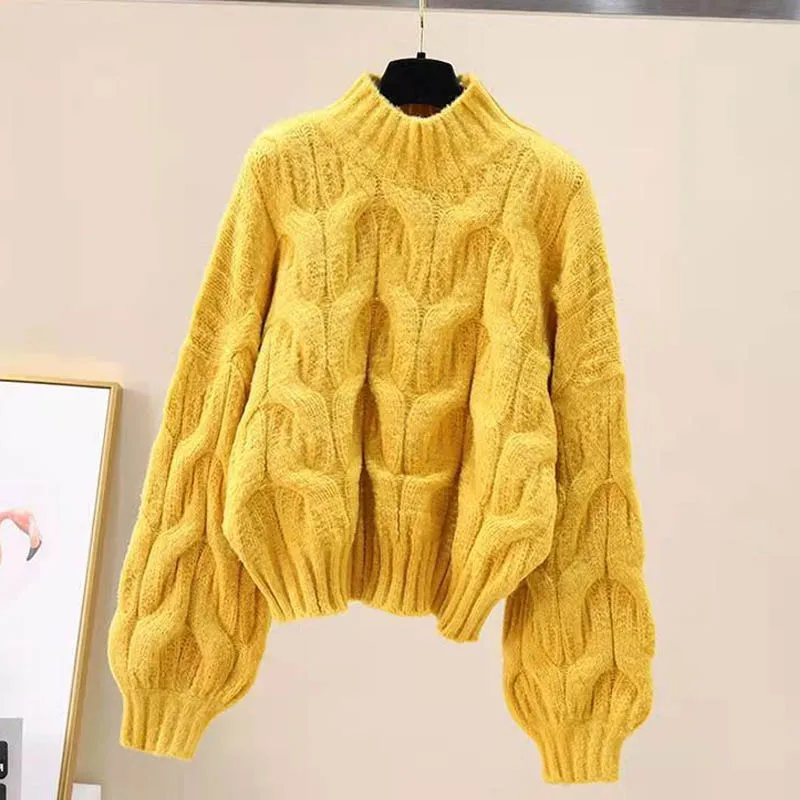 เสื้อสเวตเตอร์ผู้หญิงคอกลมลายใหญ่ แขนทรงกระบอก สำหรับฤดูใบไม้ร่วงและฤดูหนาว ทรงหลวม สไตล์ลำลอง ผ้าถักหนา รุ่น 12