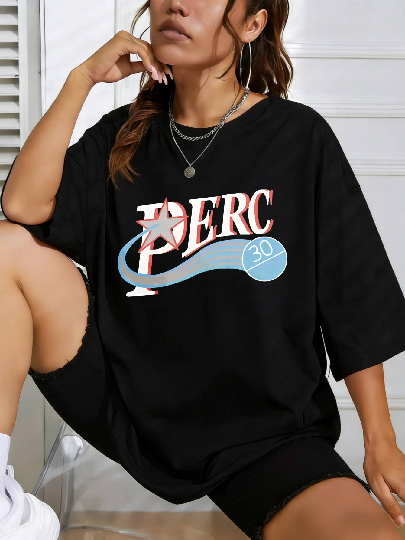 Women’s Oversized Cotton PERC Graphic Printed Streetwear Short Sleeve T Shirt Summer Casual Gift for Her