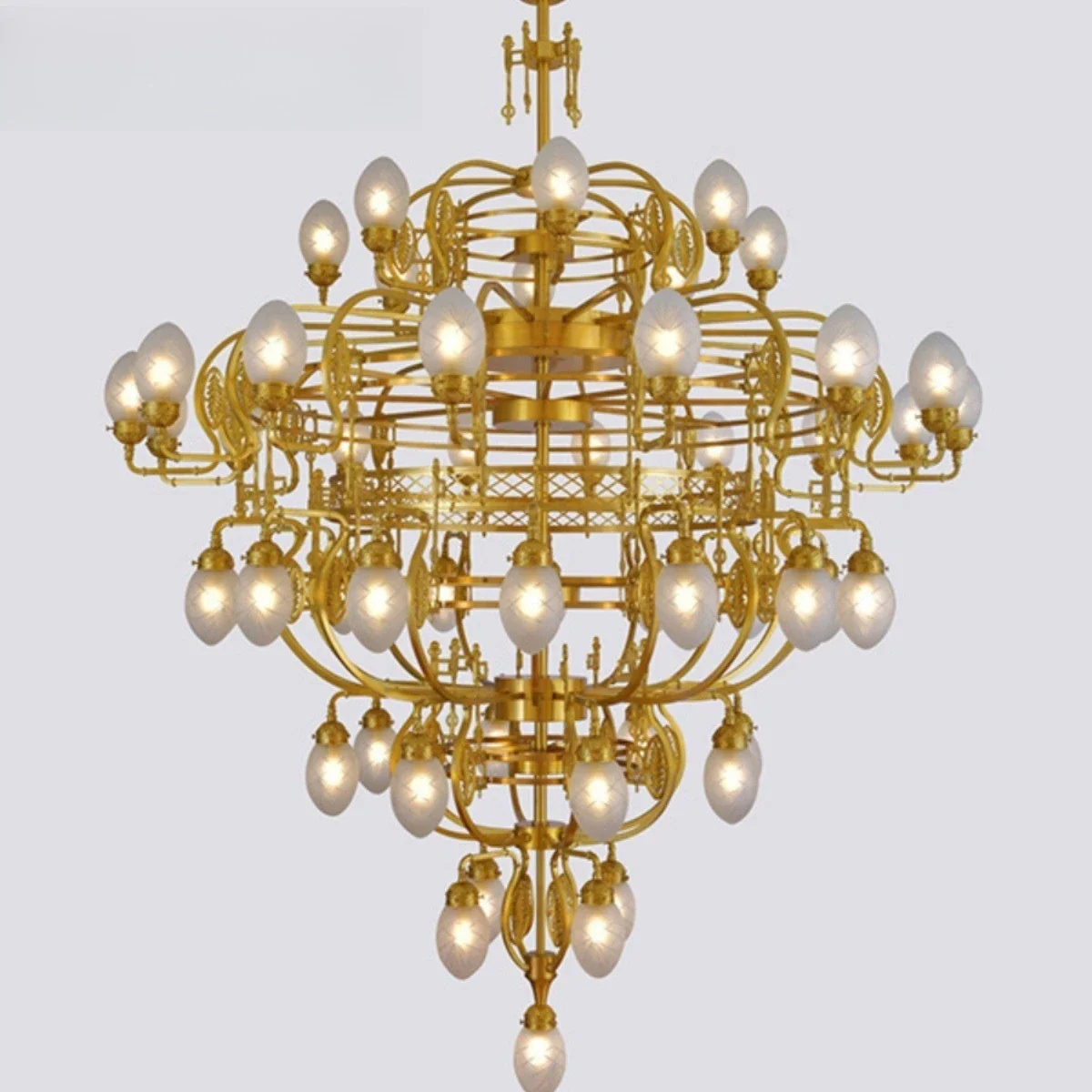 French retro all copper chandelier led high-end glass European hotel duplex villa living room dining room empty